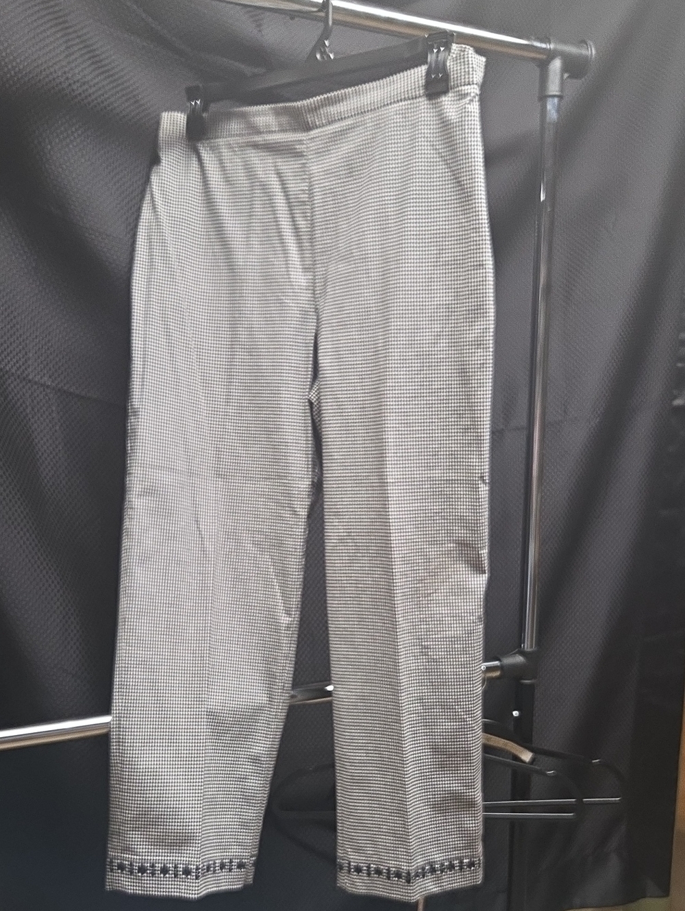 LOFT Black and White Micro-Check Straight Pants With Floral Trim